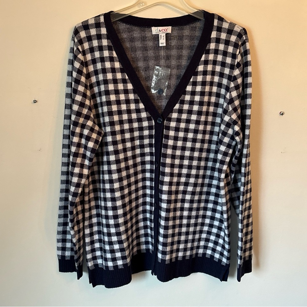 Navy and White Denim and Co Checkered Women's Sweater